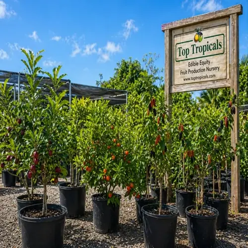 potted backyard fruit trees for sale at a tropical fruit nursery with a wooden sign