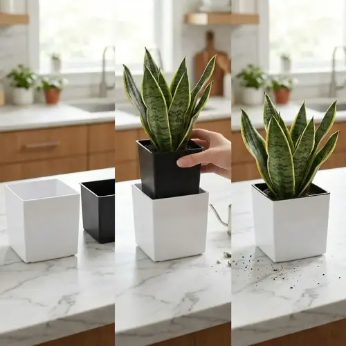 snake plant pot being placed into a white planter on a kitchen counter